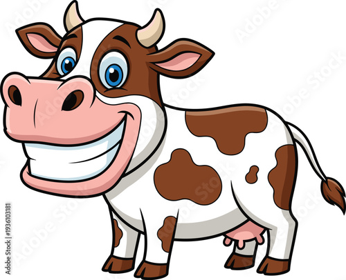 Cute Cartoon Brown Spotted Cow Smiling with Big White Teeth, Happy Farm Animal Vector Illustration Isolated on White Background for Kids