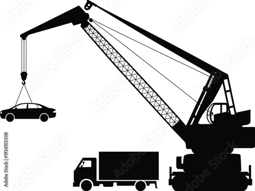 Construction vehicle silhouette icons excavator crane dump truck backhoe loader flat vector