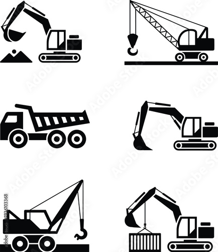 Construction vehicle silhouette icons excavator crane dump truck site equipment flat vector