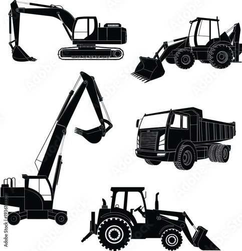 Construction vehicle silhouettes excavator backhoe crane dump truck loader tractor, flat vector