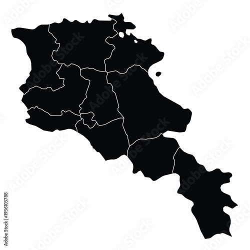 Black silhouette map of Armenia showing administrative divisions