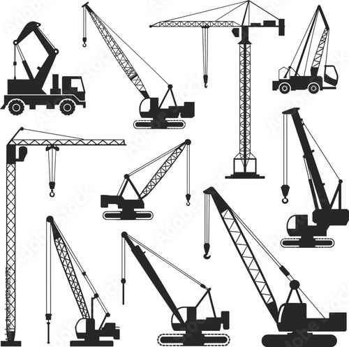 Flat vector crane silhouettes, tower cranes, mobile cranes, crawler cranes, construction icons