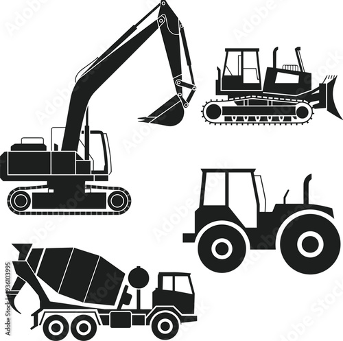 Flat vector crane silhouettes, tower cranes, mobile cranes, crawler cranes, truck cranes