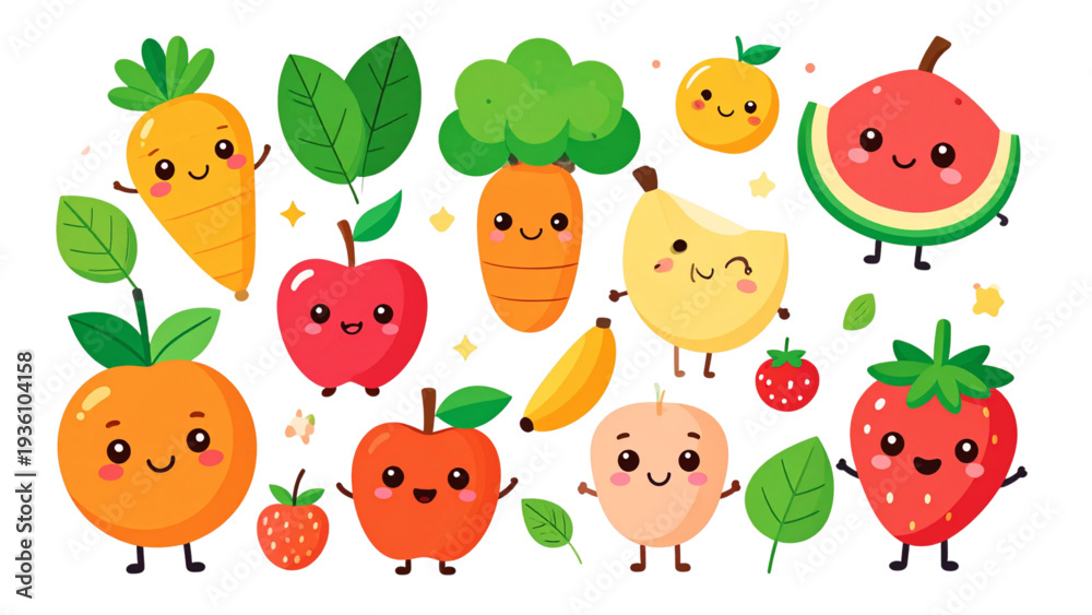 Fototapeta premium Cute kawaii fruits and vegetables characters set with smiling faces healthy food cartoon flat vector illustration