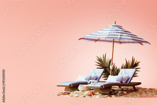 Summer travel. Summer vacation. Two deckchairs with blue parasol on sand beach with copy space. 3D Rendering, 3D Illustration