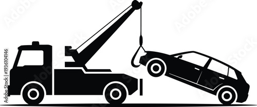 Flat vector silhouette of tow truck lifting compact car roadside assistance
