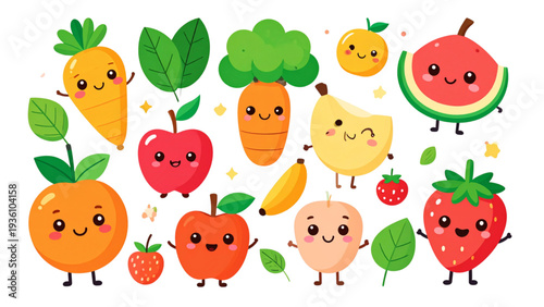 Cute kawaii fruits and vegetables characters set with smiling faces healthy food cartoon flat vector illustration