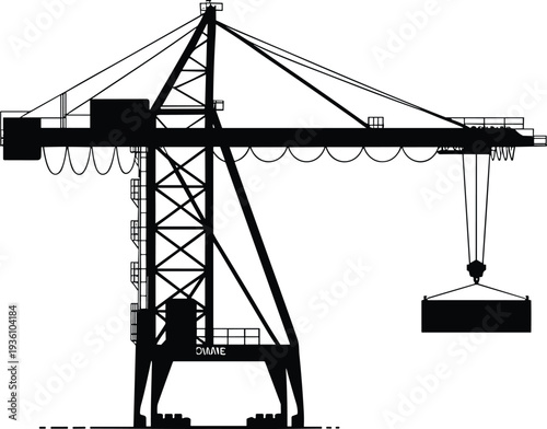 Flat vector silhouette of tower crane lifting heavy construction load