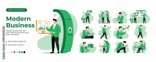 Businessman presenting data analytics flat vector set