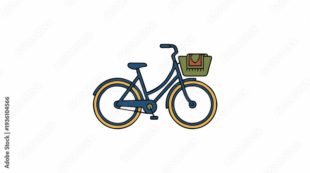 Fototapeta premium A Vintage Style Blue Bicycle with a Green and Brown Basket on the Front Wheel Against a White Background