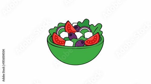Vibrant Green Bowl Filled With Fresh Greek Salad Featuring Tomatoes Olives Feta Cheese And Lettuce Isolated On White Background