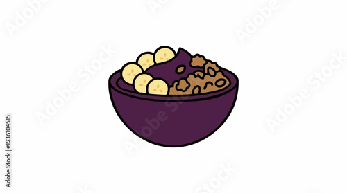 Deep Purple Bowl Filled With A Rich Purple Acai Berry Blend Topped With Sliced Bananas And Granola On A White Background