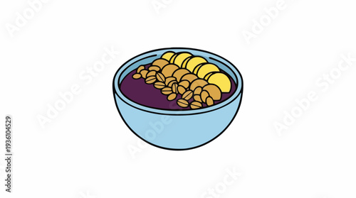 Light blue bowl filled with vibrant purple acai berry smoothie topped with sliced bananas and granola against a pure white background a healthy breakfast option