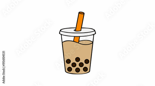 Simple cartoon drawing of a bubble tea drink with brown tapioca pearls and an orange straw in a clear plastic cup with a white lid isolated on a white background