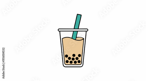 Simple Illustration of a Clear Plastic Cup Filled with Milk Tea and Tapioca Pearls Topped with a Teal Straw Against a White Background