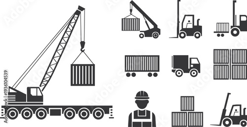 Flat vector silhouettes of cranes, forklifts, trucks, shipping containers logistics
