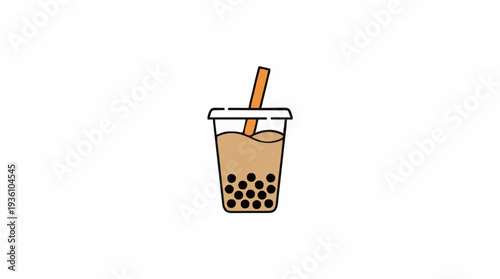 Simple Pixel Art Illustration of a Brown Bubble Tea Drink with Tapioca Pearls and Orange Straw on a White Background