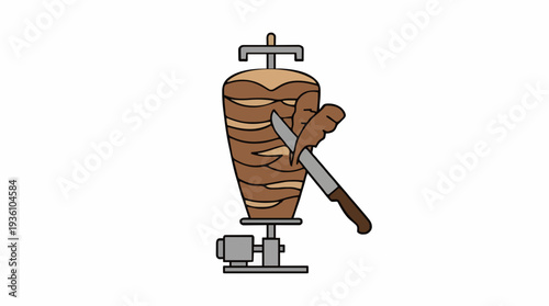 Vertical meat rotisserie with thin slices being cut by a knife for shawarma or kebab preparation on a white background with a small motor on the base
