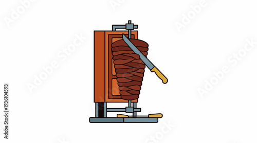 Vertical Meat Rotisserie Cooker with Sliced Meat and Knife on White Background