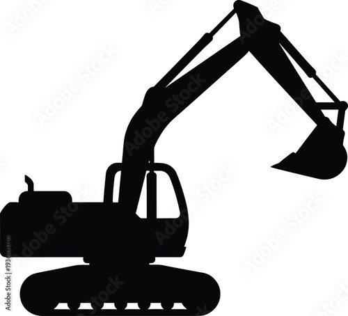 Minimal vector silhouette, excavator digging with bucket extended, solid black, isolated on white.