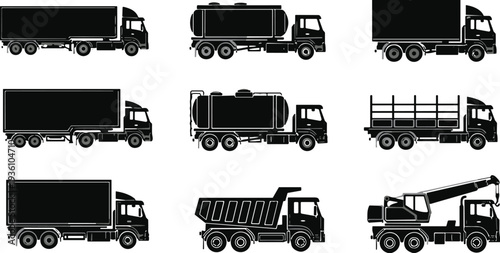 Flat vector silhouettes of diverse transportation vehicles including crane truck icons