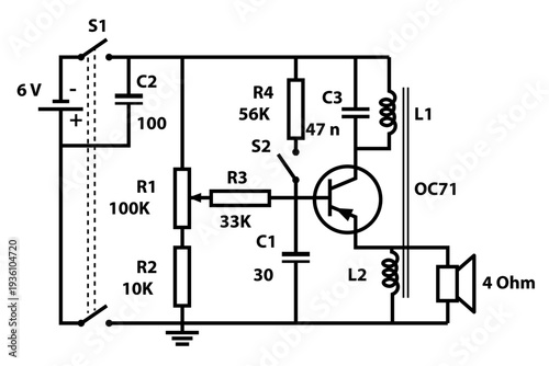 Vintage OC71 Transistor Audio Amplifier Schematic Circuit Diagram With Speaker and Components