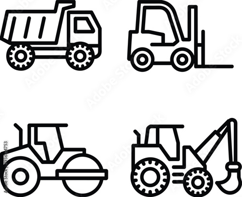 Flat vector silhouettes of dump truck, forklift, road roller, backhoe loader vehicles