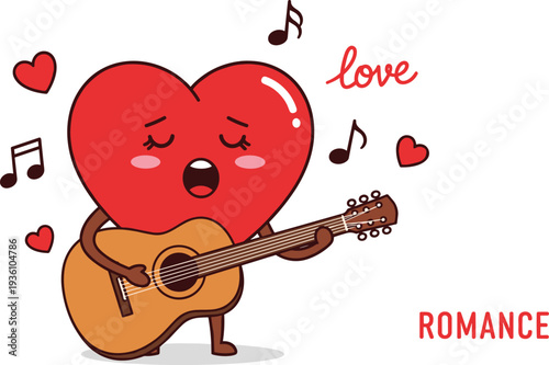 Cute Cartoon Heart Character Playing Acoustic Guitar and Singing Love Song, Romantic Musical Serenade Isolated on White Background for Valentine