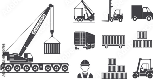Flat vector silhouettes of forklift, tractor, dump truck, snowplow vehicles