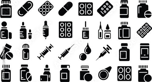 Medical pharmacy silhouette icons pills syringes bottles blister packs flat vector