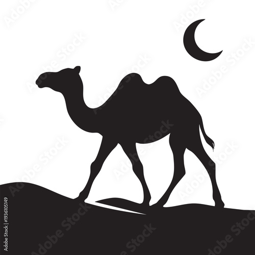 Silhouette of a camel walking in the desert sand dunes with a crescent moon