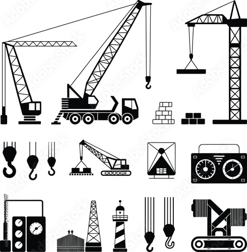 Tower mobile crawler cranes hooks pulleys industrial lifting equipment silhouettes, flat vector