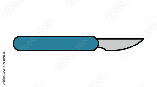 A blue handled scalpel with a sharp silver blade on a white background in a simple illustration style