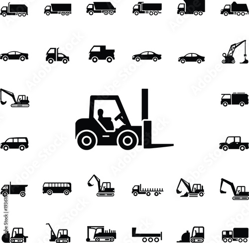 Tower mobile crawler cranes hooks pulleys winch lifting equipment silhouettes, flat vector