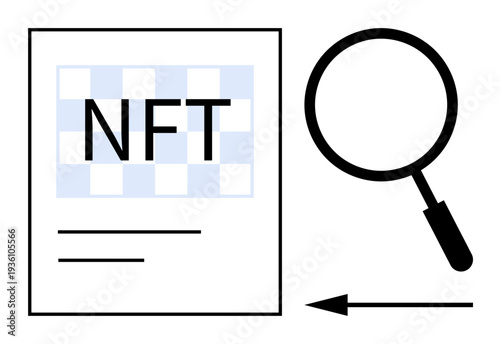 NFT verification. NFT verification process ed by document and magnifying glass. NFT verification ensures authenticity of assets. For blockchain, digital art, security, technology, finance