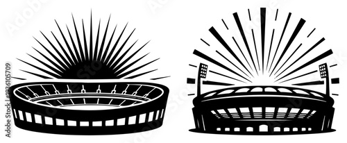Collection of black and white vector stadium illustrations with sunburst