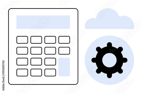 Financial management concept. Features a calculator, gear, and cloud finance, computation, and cloud solutions. Perfect for fintech, accounting, data storage and innovation