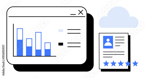 Dashboard displaying data charts alongside a user profile with ratings and cloud elements. Ideal for business analytics, HR reviews, cloud data, performance management, tech solutions, and digital