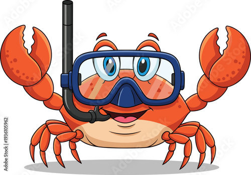 Cute cartoon orange crab character wearing blue diving mask and snorkel for summer beach vacation and underwater sea life illustration.