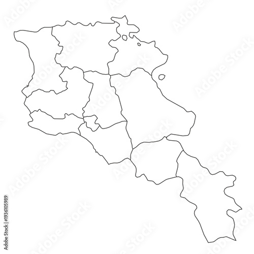 This is a clear outline map showcasing the internal administrative divisions of Armenia. It serves as a versatile graphic resource for educational, informational, and design purposes.