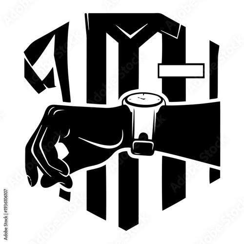 Person checking the time on a watch with sports jersey background