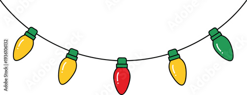 Colorful Christmas light bulbs hanging on a black string decorative festive garland vector illustration for holiday celebration party in flat line art style.