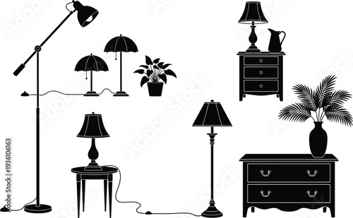 Black and white silhouette home furniture illustration, interior decor elements, lamps, dressers, side table, potted plant, vase, cords realistic