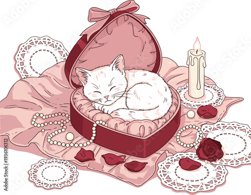 Cute white kitten sleeping in a heart shaped pink gift box with romantic roses pearls and candle hand-drawn vector illustration