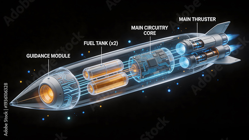Missile with labeled components in transparent view against a black background
