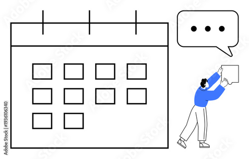 Event planning concept. Large calendar and character holding a speech bubble highlighting organization and communication for event planning. Suitable for task management, productivity, teamwork