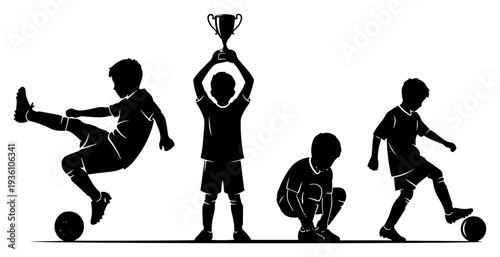 Group of children playing soccer and winning a trophy