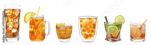 Photography Set of different orange cocktails isolated on white
