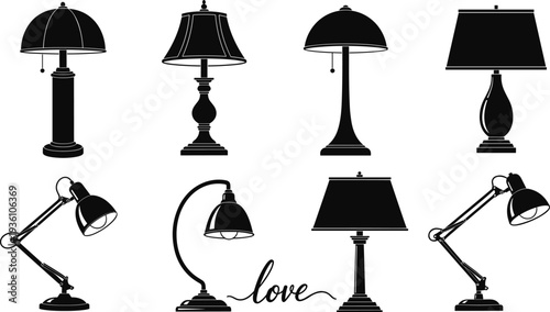 Silhouette lamp collection, table lamp designs, desk lamp illustration, floor lamp vector, modern lighting icons, decorative love typography art
