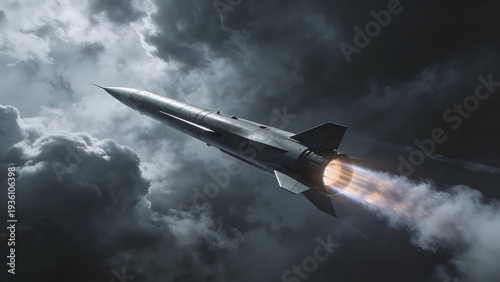 A sleek silver missile soaring through dark stormy clouds with fiery propulsion